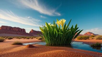A vibrant green plant grows in a desert landscape, representing resilience, survival, and the beauty of nature thriving against harsh environmental conditions under a blue sky.