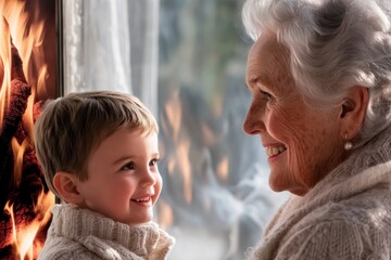 Fototapeta premium Precious Moments A Grandmother by the Fireplace, Sharing Bonding Moments with Her Grandchildren in the Comfort of Her Home, Creating Lasting Memories Filled with Love, Laughter, and Warmth A