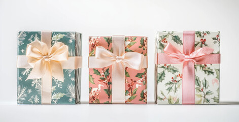 Three colorful Christmas gift boxes with ribbons