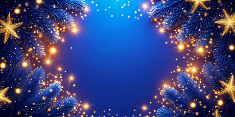 Obraz premium Festive golden stars and pine branches frame a glowing blue backdrop beautifully, background
