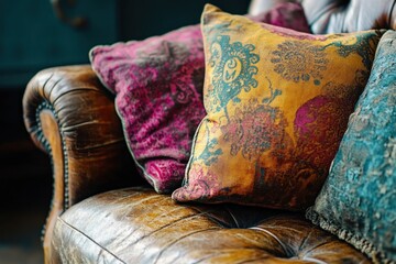 Ornate patterned pillows rest on a worn leather couch