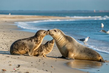 Fototapeta premium Seals Family Affectionate Kissing on Sandy Beach Coastline