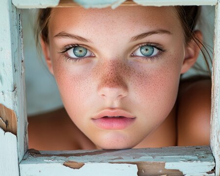 Stunning Artistic Studio Portrait of a Young Woman, Dramatic Lighting, Textured Backdrop, Creative Photography, Expressive Eyes, Freckles, Youthful Beauty, Captivating Gaze, Intriguing Composition