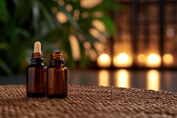 Amber Essential Oil Bottles on Woven Mat with Warm Backdrop