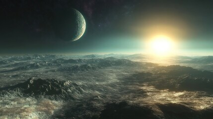 Alien Planet Landscape Sunrise Crescent Moon