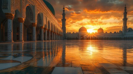 Majestic mosque at sunrise, reflecting in the wet courtyard.