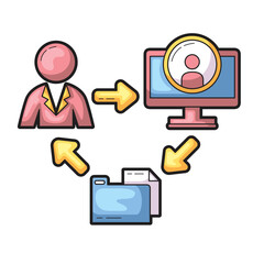 Data transfer between person, computer, and file. Suitable for technology, communication, file sharing, data transfer concepts in design projects