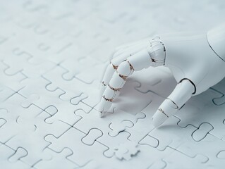 A futuristic robotic arm delicately places puzzle piece on white surface, showcasing advanced technology and precision