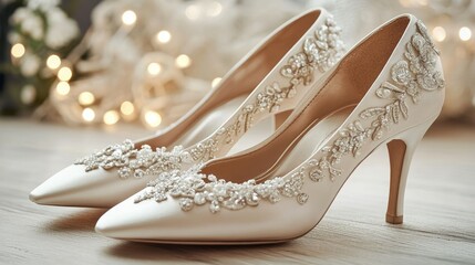 Obraz premium Pair of stylish high heel wedding shoes on a wooden surface with soft, romantic lighting.