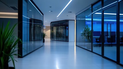 Modern Office Corridor: Glass Walls and Blue Lighting