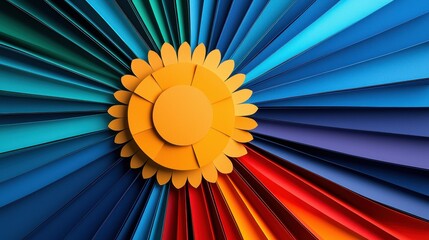 Fototapeta premium Colorful paper fan with a vibrant flower centerpiece in yellow. 