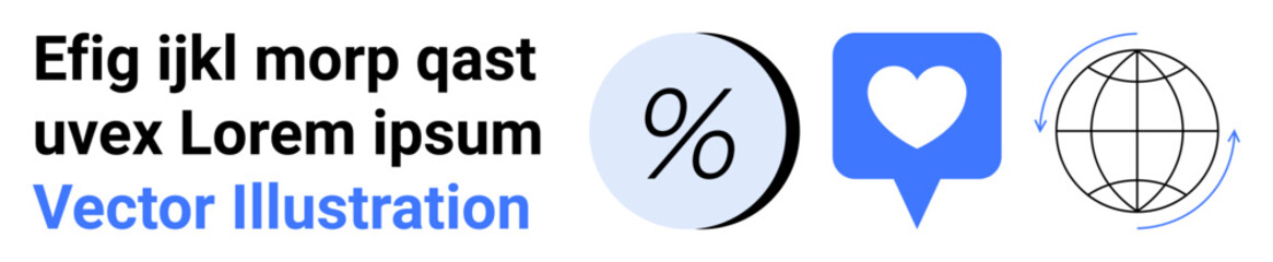 Percentage symbol in a circle, heart inside chat bubble, globe with arrow, placeholder text. Ideal for web design, infographics, social media, education, presentations, marketing, tutorials. Landing
