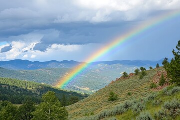 Majestic Rainbow Arcs Over Mountainous Landscape