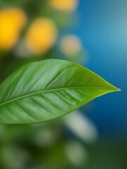 Vibrant green leaf glows softly against blurred yellow and blue background. AI Generated