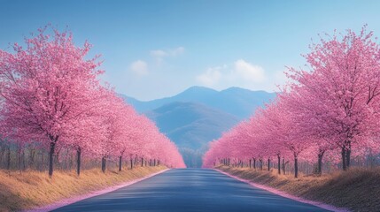 A picturesque road lined with vibrant pink cherry blossom trees leading towards misty mountains under a clear blue sky