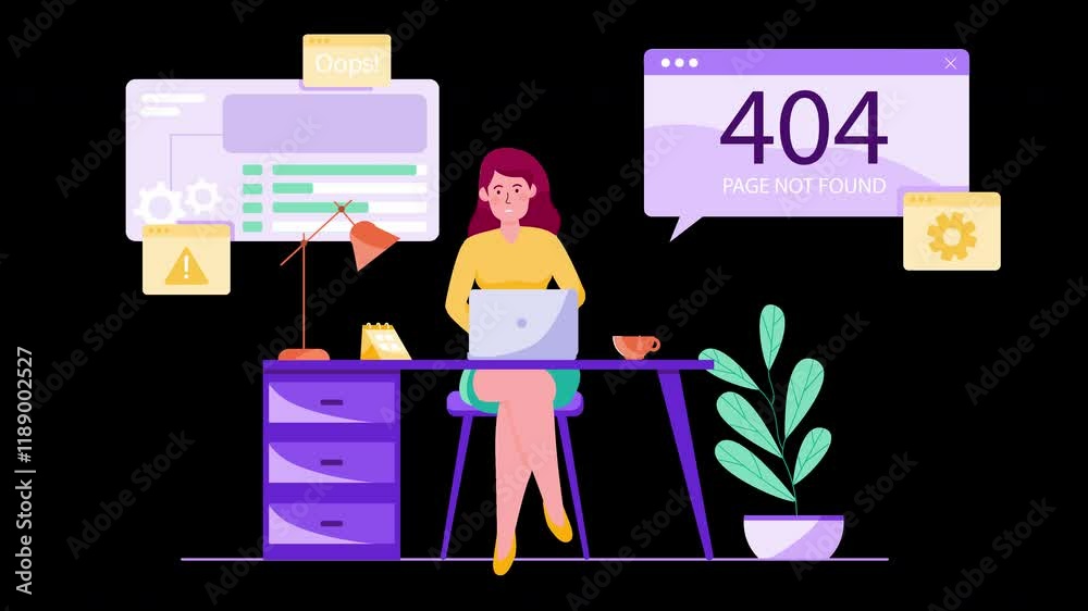 Poster a concerned woman with red hair sitting at a desk, experiencing a computer error with a '404 page no