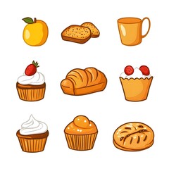 A colorful assortment of food items including fruits, baked goods, and beverages.