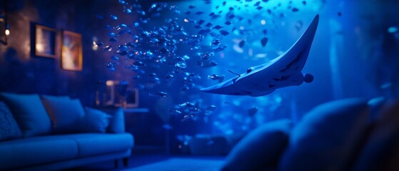 A graceful manta ray gliding through serene underwater scene, surrounded by vibrant fish. tranquil blue ambiance enhances magical atmosphere