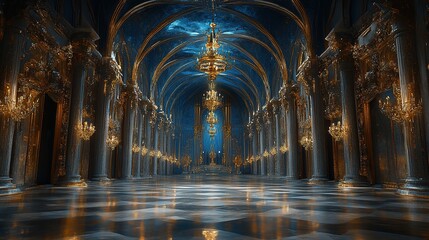 Majestic palace interior grand hall architecture luxurious setting wide angle opulence and elegance