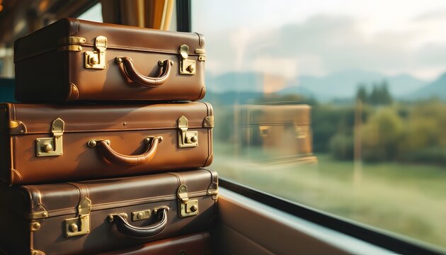 Stacked vintage suitcases by a train window represent journey and nostalgia - conveying adventure - suitable for travel blogs, historical themed events, or marketing travel packages