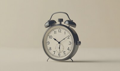 Classic black alarm clock on beige background.