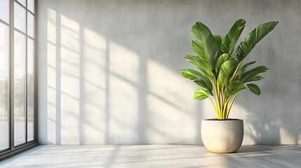 Fototapeta premium Tropical Plant in Pot Against Sunlit Wall