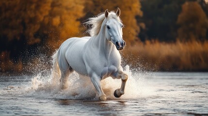 Obraz premium Majestic white horse galloping through shallow river water, autumn foliage background.