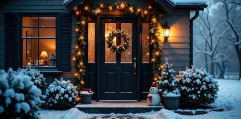 Black front door decorated with frosted glass ornaments and icicles, frosty details, icy, christmas