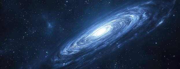 Obraz premium A spiral galaxy, centered in the frame, against a black background, with stars and nebulae in blue hues.