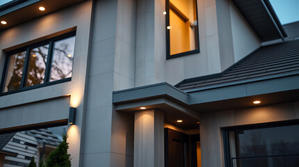 Luxury Modern Home Exterior at Night: Architectural Design and Elegance