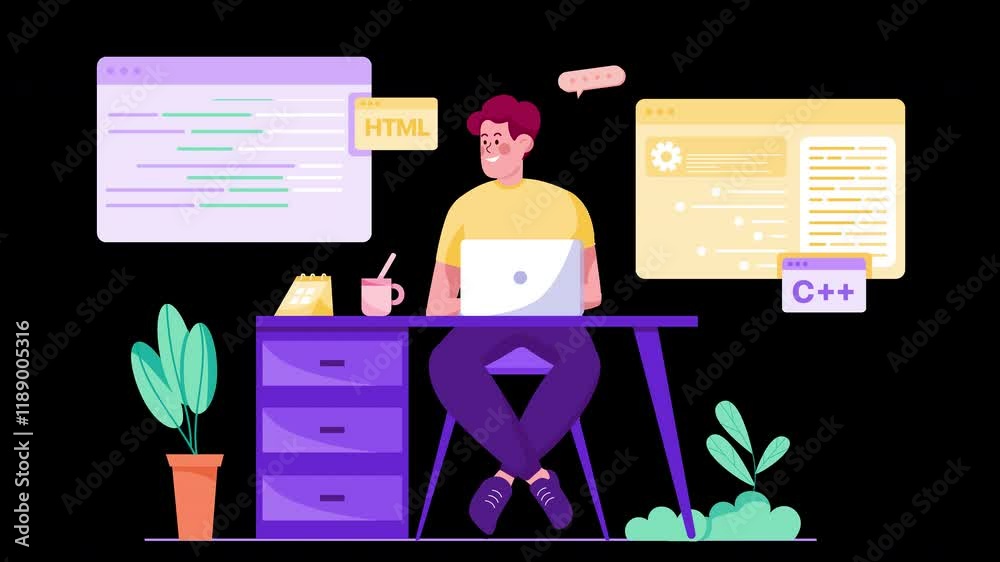 Poster a young man focused on coding at his desk, surrounded by coding snippets and programming languages, 
