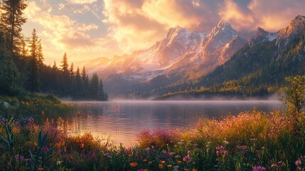 Serene sunrise over majestic mountains reflected in a calm lake, surrounded by vibrant wildflowers.