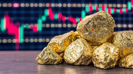 A close-up of shiny gold nuggets stacked on a surface, with a financial graph featuring rising and falling lines in the background.
