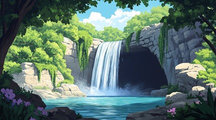 Naklejka premium Flowing waterfall retreat serene nature scene digital art lush green environment panoramic view tranquil escape