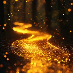 Illuminated golden stream enchanted forest nature photography serene environment close-up view magical concept