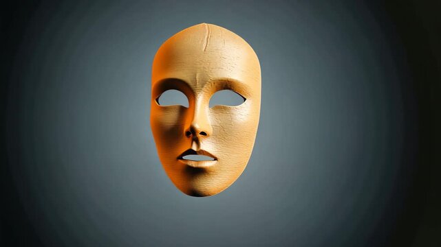 Cracked, expressionless mask with textured surface is suspended against gradient background, evoking sense of mystery and intrigue, while mysterious mask floats against dark background, creating