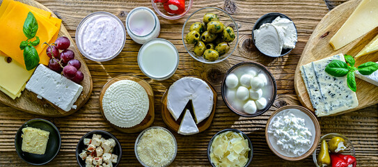 A variety of dairy products including cheese, milk and yogurt