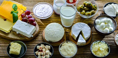 A variety of dairy products including cheese, milk and yogurt