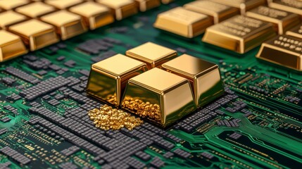 A close-up view of a circuit board featuring golden bars, symbolizing wealth and technology integration.