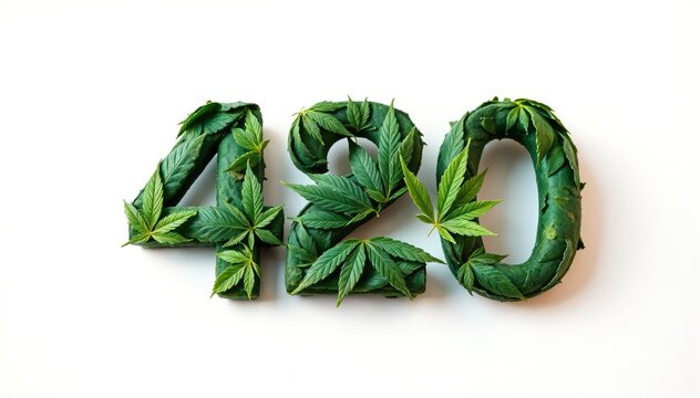 Cannabis leaves arranged to form number 420 against white background symbolic related to cannabis culture