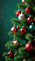 Christmas tree branch with colorful ornaments and garland, holly, branches
