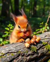 Obraz premium Adorable red squirrel eating acorns on a log.