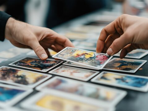 People exchange colorful tarot cards at game event. Hands carefully select cards from display on dark table. Event features multiple cards with vibrant artwork. Cards show diverse images. Hobbyist