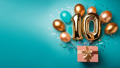 Number 10 birthday balloon celebration gift box lay flat explosion, copy space. Generated image