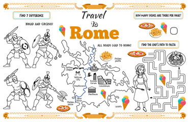 A fun placemat for kids. Printable “Travel to Rome” activity sheet with a labyrinth and find the differences. 17x11 inch printable vector file