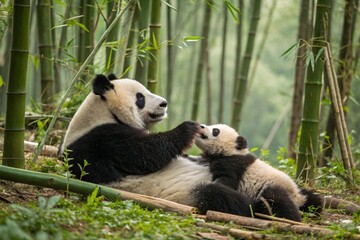 Obraz premium Adorable Panda Bear Cub with Mother in Bamboo Forest