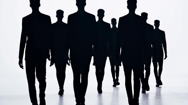 A group of men dressed in sleek suits walks with purpose, creating an impactful silhouette against a bright background. This striking display occurs during a fashion event at a contemporary venue, hig