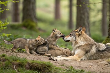 Obraz premium Wolf Family in Forest Wildlife Cubs Mother Nature