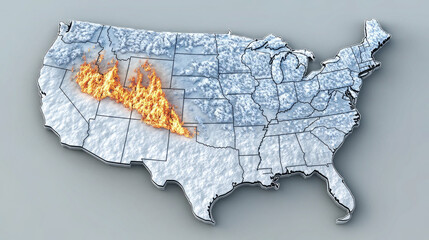 Map of the United States Divided into Fire and Ice - Symbolizing Climate Change, Political Division, or Natural Disasters