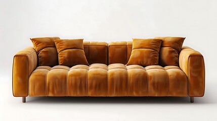 Obraz premium Velvet orange tufted sofa with throw pillows isolated on a clean white background for furniture.